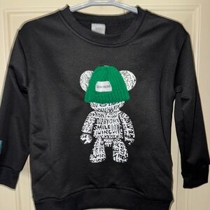 Spring children Black Sweatshirt with Graphic Bear Design.  Green hat